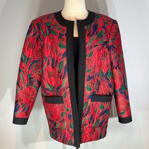 Vintage 100% Thai Silk Quilted Floral Jacket Red Black Size 16